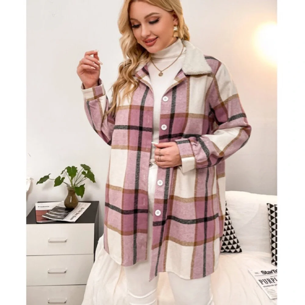 💗 BLUSH MULTI PLAID COLLAR LONG SLEEVE BELTED JACKET! - Picture 3 of 12